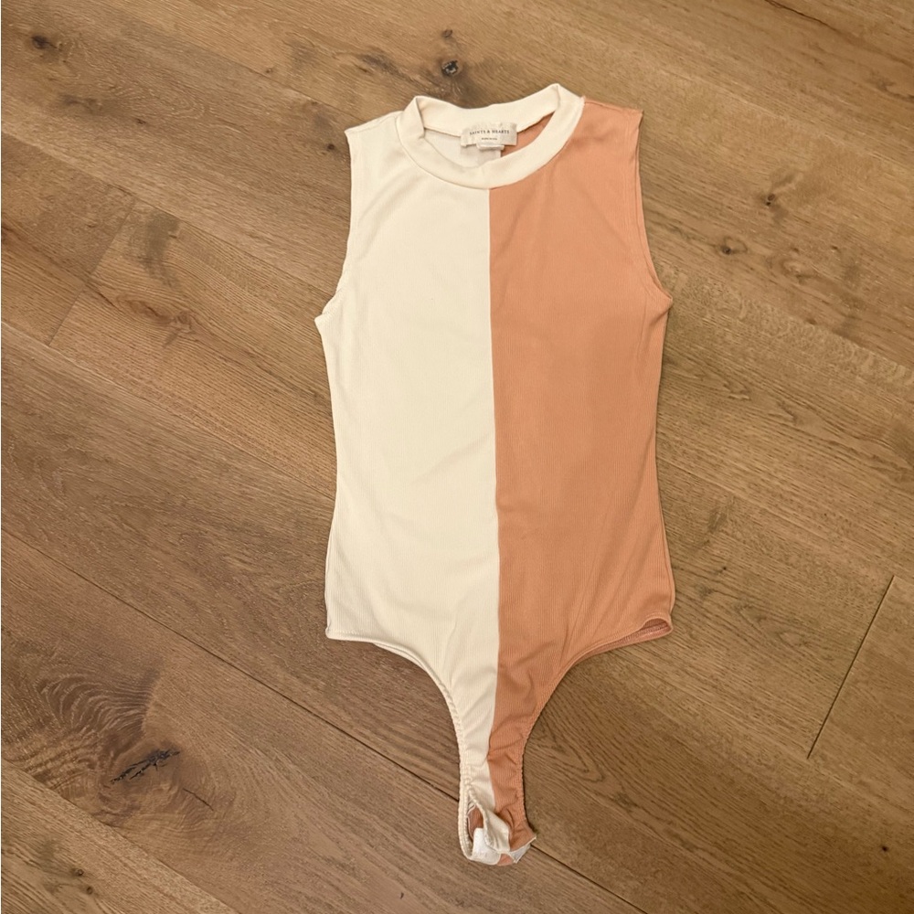 Saints & Hearts Two-Tone Ribbed Bodysuit - Mock Neck Sleeveless - Cream/Peach